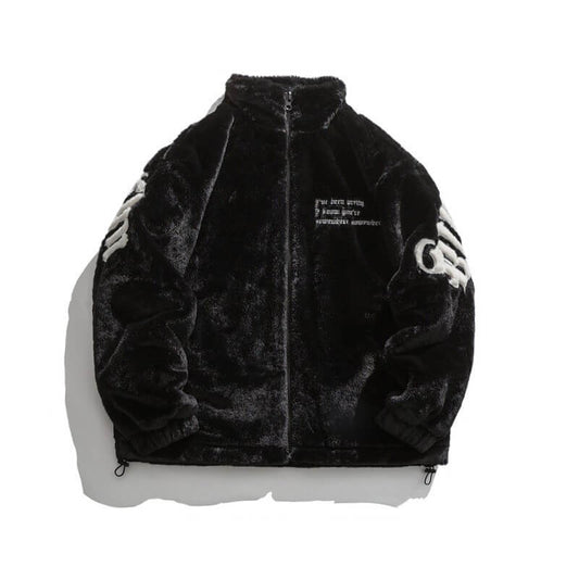 Black Plush Jacket with Embroidery